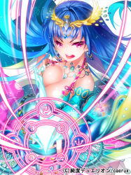 Rule 34 | 1girl, aile (crossroads), bare shoulders, blue hair, breasts, cleavage, copyright name, detached sleeves, earrings, jewelry, junketsu duelion, large breasts, long hair, looking at viewer, lots of jewelry, magic circle, official art, open mouth, purple eyes, shione latimeria, solo, teeth, tiara