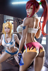 Rule 34 | 2girls, artist name, ass, back, banned artist, blonde hair, blue shorts, bottle, breasts, brown eyes, cleavage, commentary, english commentary, erza scarlet, exercising, fairy tail, gym, hair between eyes, hair over one eye, large breasts, looking at viewer, looking back, lucy heartfilia, multicolored clothes, multicolored shorts, multiple girls, open mouth, parted lips, ponytail, revision, sarashi, short shorts, shorts, side ponytail, signature, squatting, sweat, sweatdrop, swept bangs, thighs, water bottle, weightlifting, weights, zumi (zumidraws)