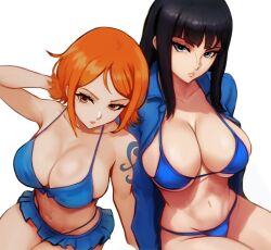 Rule 34 | 2girls, ai-assisted, bikini, black hair, blue eyes, breasts, cleavage, highres, large breasts, multiple girls, nami (one piece), nico robin, one piece, one piece treasure cruise, orange eyes, orange hair, swimsuit