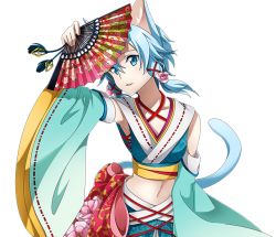 Rule 34 | 1girl, animal ears, arm up, blue eyes, blue hair, cat ears, cat tail, collarbone, detached sleeves, hand fan, flower, hair between eyes, hair flower, hair ornament, hair ribbon, holding, holding fan, midriff, navel, parted lips, pink flower, red ribbon, ribbon, short hair with long locks, sidelocks, sinon (sao-alo), solo, standing, stomach, sword art online, tail, transparent background