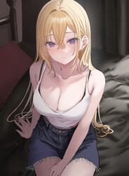Rule 34 | 1girl, bare arms, bare shoulders, blonde hair, blue shorts, blush, breasts, cleavage, collarbone, commentary request, denim, denim shorts, ear piercing, hair between eyes, hamu (plot sy), highres, large breasts, long hair, looking at viewer, original, parted lips, piercing, purple eyes, shirt, short shorts, shorts, sitting, sleeveless, solo, white shirt
