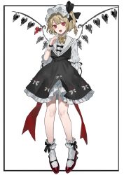 Rule 34 | 1girl, absurdres, alternate costume, ankle cuffs, black bow, black skirt, blunt bangs, bow, bowtie, center-flap bangs, crinoline, cropped shirt, crystal wings, daimaou ruaeru, drill hair, fang, flandre scarlet, floral print, frilled shirt, frills, full body, hair bow, hat, heart, heart wings, highres, letterboxed, light brown hair, looking at viewer, mary janes, mob cap, one side up, open mouth, outside border, red eyes, red footwear, red ribbon, ribbon, ribbon-trimmed sleeves, ribbon trim, rose print, sailor collar, shirt, shoes, short hair, side drill, skirt, slit pupils, smile, socks, solo, touhou, white background, white hat, white shirt, white socks, white undershirt, wings, yellow bow, yellow bowtie, yellow ribbon