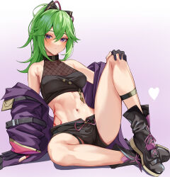 Rule 34 | 1girl, absurdres, bandeau, bare shoulders, black footwear, black shorts, boots, commentary request, fishnets, genshin impact, gradient background, highres, jacket, knee up, kuki shinobu, long hair, long sleeves, looking at viewer, midriff, navel, off shoulder, ponytail, purple background, purple eyes, purple jacket, short shorts, shorts, sitting, solo, stomach, stomach tattoo, tattoo, white-paka