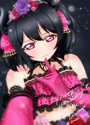 Rule 34 | 1girl, absurdres, artist name, artist request, bare shoulders, black choker, black hair, blush, bow, bracelet, breasts, choker, close-up, collarbone, curled horns, demon girl, demon horns, demon tail, demon wings, detached collar, dress, earrings, elbow gloves, female focus, floral print, flower, flower earrings, flower print, frilled dress, frills, gloves, grey wings, hair between eyes, hair bow, hair flower, hair ornament, hairclip, heart, highres, horns, jewelry, long hair, looking at viewer, love live!, love live! school idol festival, love live! school idol project, m/, medium breasts, midriff, mp4 13c nobu, navel, nico nico nii, nochan cho noda, nochancho no da (mp4 13c nobu), parted lips, pearl bracelet, pink flower, pink gloves, pink rose, polka dot, polka dot bow, purple flower, purple rose, red bow, red eyes, red flower, red rose, rose, sharp teeth, short hair, short twintails, sidelocks, smile, solo, striped clothes, striped gloves, tail, teeth, tiara, twintails, upper body, vertical-striped clothes, vertical-striped gloves, wings, yazawa nico