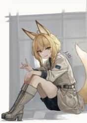 Rule 34 | 1girl, ahoge, animal ear fluff, animal ears, artist name, belt, black shorts, blonde hair, boots, braid, brown eyes, closed mouth, commentary request, fox ears, fox girl, fox shadow puppet, fox tail, full body, grey footwear, grey jacket, highres, jacket, knee boots, knees up, long hair, long sleeves, looking at viewer, nail polish, nito (nshtntr), orange nails, original, shorts, sitting, smile, solo, tail, twin braids