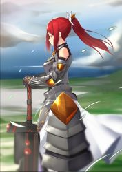 Rule 34 | 1girl, armor, armored dress, bow, breastplate, character request, cloud, cloudy sky, day, dress, faulds, floating hair, from side, gauntlets, goemon1110, hair bow, hands on hilt, highres, long hair, looking down, outdoors, ponytail, red eyes, red hair, sidelocks, sky, sleeveless, sleeveless dress, solo, standing, white bow, white dress