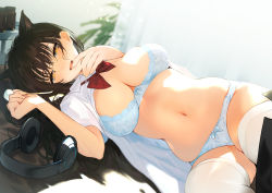 Rule 34 | 1girl, :d, animal ear fluff, animal ears, black hair, blue bow, blue bra, blue panties, blush, bow, bra, breasts, brown eyes, cat ears, cat girl, cat tail, cleavage, curtains, day, finger to mouth, hair between eyes, half-closed eyes, headphones, highres, indoors, large breasts, long hair, looking at viewer, lying, mimikaki, navel, non-web source, on side, open clothes, open mouth, open shirt, original, panties, short hair, sidelocks, smile, solo, stomach, tail, thighhighs, underwear, white thighhighs, yuzuha (yuzuya)