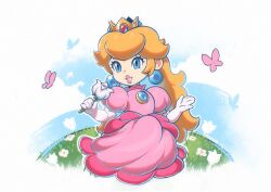 Rule 34 | 1girl, blonde hair, blue eyes, blue sky, brooch, bug, butterfly, chibi, cloud, crown, dress, earrings, elbow gloves, flower, gloves, grass, highres, holding, holding flower, insect, jewelry, long hair, mario (series), nintendo, pink butterfly, pink dress, pink lips, princess peach, puffy short sleeves, puffy sleeves, saiwo (saiwoproject), short sleeves, sitting, sky, solo, sphere earrings, super mario rpg, white flower, white gloves