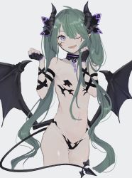 Rule 34 | 1girl, bad id, bad twitter id, bare shoulders, black gloves, borrowed character, chain, demon girl, demon horns, demon tail, demon wings, facial mark, fang, fingerless gloves, gloves, green hair, grey background, grey eyes, hair between eyes, highres, horns, long hair, mono 02, navel, one eye closed, open mouth, original, pointy ears, ryisu (deluxe&lt;&lt;&lt;), simple background, sketch, solo, tail, teeth, tongue, twintails, wings