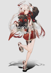 Rule 34 | angel, bad source, blood, blood on face, commentary request, dress, esture request, red eyes, standing, standing on one leg, suteinua, white footwear, white hair