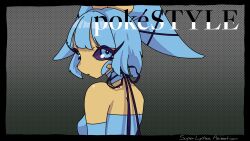 Rule 34 | 1girl, animal ears, animal nose, artist name, back, bare shoulders, black border, black ribbon, blue choker, blue dress, blue eyes, blue gloves, blue hair, blunt bangs, bob cut, body fur, border, bow, breasts, choker, closed mouth, colored sclera, creatures (company), dress, ear ribbon, elbow gloves, english text, eyelashes, female focus, from behind, furry, furry female, game freak, gen 3 pokemon, gloves, gradient background, grey background, highres, looking at viewer, looking back, minun, neck ribbon, nintendo, personification, pokemon, pokemon (creature), purple sclera, rabbit ears, ribbon, short hair, sidelocks, signature, small breasts, solo, strapless, strapless dress, super lychee, upper body, yellow fur