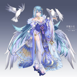 Rule 34 | 1girl, artist name, bare shoulders, bird, bird on hand, bird wings, blue bow, blue eyes, blue hair, blue kimono, bow, breasts, choker, cleavage, cloud print, collarbone, copyright name, crescent, crescent hair ornament, crow, feather trim, feathered wings, folding fan, fortress girl, frilled kimono, frilled sleeves, frills, full body, fur-trimmed kimono, fur trim, geta, gold trim, gradient background, grey background, hair ornament, hand fan, hime cut, japanese clothes, jewelry, kimono, large bow, large breasts, leaf print, light blue hair, long hair, long legs, long sleeves, looking at viewer, low neckline, pendant, pendant choker, pom pom (clothes), rope, shizu (fortress girl), sidelocks, solo, tassel, tassel hair ornament, tengu, tengu-geta, tessen, thighhighs, very long hair, war fan, white choker, white thighhighs, white wings, wide sleeves, wings, yuasa akira