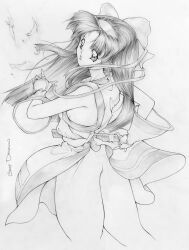 Rule 34 | 1girl, ainu clothes, artist name, ass, bottomless, breasts, fingerless gloves, gloves, hair ribbon, highres, legs, long hair, looking at viewer, looking back, monochrome, nakoruru, no bra, open mouth, ribbon, samurai spirits, sideboob, small breasts, snk, thighs, traditional media, weapon