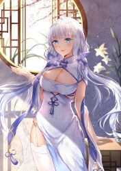 Rule 34 | 1girl, ahoge, architecture, azur lane, blue eyes, breasts, chahei, china dress, chinese clothes, cleavage, cutout above navel, dress, east asian architecture, flower, garter straps, highres, illustrious (azur lane), illustrious (maiden lily&#039;s radiance) (azur lane), indoors, large breasts, long hair, looking at viewer, mole, mole under eye, official alternate costume, see-through, short sleeves, solo, thighhighs, white dress, white hair, white thighhighs