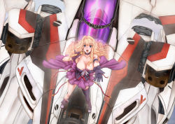 Rule 34 | 1girl, blonde hair, blue eyes, breasts, cockpit, floating, gerwalk, gloves, large breasts, long hair, macross, macross frontier, mecha, microphone, music, outstretched arm, outstretched hand, pinky out, robot, scharfschutze, sheryl nome, singing, single thighhigh, thighhighs, vf-15, vf-25