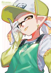 Rule 34 | 1boy, :p, artist name, baseball cap, blonde hair, commentary request, earrings, ed (jinko), from below, gloves, green gloves, green overalls, hat, highres, inkling, inkling boy, inkling player character, jewelry, jinkobanana, looking at viewer, male focus, nintendo, pointy ears, print headwear, rubber gloves, salmon run (splatoon), shirt, short hair, short ponytail, solo, splatoon (series), splatoon 3, tentacle hair, tongue, tongue out, twitter username, upper body, white shirt, yellow eyes