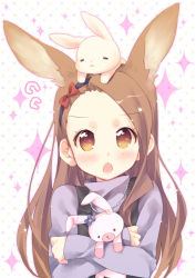 Rule 34 | &gt;:o, 10s, 1girl, :o, animal, animal ears, animal on head, blush, brown eyes, brown hair, rabbit, rabbit on head, crossed arms, hugging doll, ech, extra ears, hair ribbon, idolmaster, idolmaster (classic), idolmaster 2, kemonomimi mode, long hair, long sleeves, looking at viewer, minase iori, hugging object, on head, open mouth, rabbit ears, ribbon, solo, sparkle, stuffed animal, stuffed rabbit, stuffed toy, upper body, v-shaped eyebrows