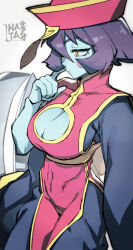 Rule 34 | 1girl, artist name, blue skin, breasts, chinese clothes, cleavage, cleavage cutout, closed mouth, clothing cutout, colored skin, grey background, hat, hata4564, highres, jiangshi, large breasts, lei lei, looking away, ofuda, purple hair, qingdai guanmao, short hair, simple background, solo, sweat, vampire (game), yellow eyes