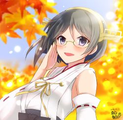 Rule 34 | 1girl, adjusting eyewear, autumn leaves, black eyes, black hair, blurry, commentary request, depth of field, detached sleeves, glasses, green-framed eyewear, hairband, headgear, highres, kantai collection, kirishima (kancolle), looking at viewer, mashiro yukiya, nontraditional miko, one-hour drawing challenge, open mouth, ribbon-trimmed sleeves, ribbon trim, short hair, smile, solo