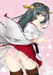 Rule 34 | 10s, 1girl, :o, ass, bare shoulders, black hair, blush, boots, breasts, brown eyes, cameltoe, detached sleeves, hairband, haruna (kancolle), japanese clothes, kantai collection, long hair, looking at viewer, looking back, nontraditional miko, open mouth, panties, pantyshot, personification, pink panties, sarashi, skirt, solo, thigh boots, thighhighs, underwear, upskirt, utakata (kochou no yume)