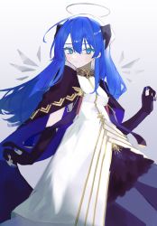 Rule 34 | 1girl, :/, arknights, bad id, bad twitter id, black capelet, black gloves, black horns, black skirt, blue capelet, blue eyes, blue hair, blue nails, blush, capelet, cowboy shot, detached wings, dress, energy wings, fu92, gloves, gold trim, hair between eyes, halo, highres, horns, long hair, looking at viewer, mostima (arknights), mostima (spellbreaker) (arknights), multicolored capelet, nail polish, partially fingerless gloves, simple background, skirt, solo, white dress, wings