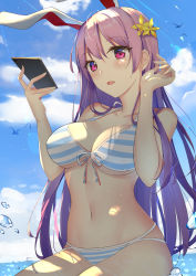 Rule 34 | 1girl, absurdres, air bubble, animal ears, bare arms, bare shoulders, bikini, bird, blue bikini, blue sky, breasts, bubble, cellphone, cloud, day, diving penguin, flower, front-tie bikini top, front-tie top, hair flower, hair ornament, halterneck, hands up, highres, holding, holding phone, large breasts, long hair, looking at viewer, navel, outdoors, parted lips, phone, pink eyes, purple hair, rabbit ears, reisen udongein inaba, sitting, sky, smartphone, solo, stomach, striped bikini, striped clothes, summer, sunlight, swimsuit, touhou, yellow flower