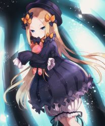Rule 34 | 1girl, abigail williams (fate), black bow, black dress, black hat, blonde hair, bloomers, blue eyes, bow, breasts, dress, fate/grand order, fate (series), forehead, hair bow, hat, highres, long hair, long sleeves, looking at viewer, mochizuki yomogi, multiple hair bows, orange bow, parted bangs, polka dot, polka dot bow, ribbed dress, sleeves past fingers, sleeves past wrists, small breasts, stuffed animal, stuffed toy, teddy bear, underwear, white bloomers