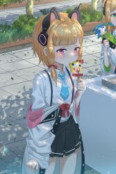 Rule 34 | 2girls, animal ear headphones, animal ears, black skirt, blonde hair, blue archive, blunt bangs, cameo, cart, cat ear headphones, character food, clenched hand, coat, collared shirt, commentary, crying, crying with eyes open, eating, english commentary, fake animal ears, food, food in mouth, green eyes, hair ribbon, halo, headphones, highres, holding, holding food, holding popsicle, long sleeves, looking at viewer, midori (blue archive), mixed-language commentary, momoi (blue archive), multiple girls, open clothes, open coat, out of frame, outdoors, park, parted bangs, plant, pleated skirt, popsicle, popsicle in mouth, potted plant, purple eyes, rappa, ribbon, sad, school uniform, shirt, short hair, siblings, sidelocks, sisters, skirt, sonic (series), sonic the hedgehog, sonic the hedgehog (classic), spongebob squarepants, spongebob squarepants (series), suspender skirt, suspenders, tears, tile floor, tiles, tree, tree shade, tress ribbon, twins, white coat, white shirt