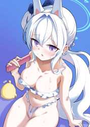 Rule 34 | 1girl, absurdres, animal ears, arm support, bikini, blue archive, blue background, blush, breasts, cleavage, fake animal ears, frilled bikini, frills, from above, hair between eyes, halo, hand up, highres, hm (hmongt), holding, large breasts, long hair, looking at viewer, miyako (blue archive), navel, open mouth, purple eyes, rabbit ears, side ponytail, sitting, solo, swimsuit, textless version, very long hair, white bikini, white hair