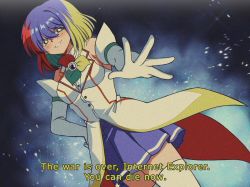 Rule 34 | 1990s (style), 1girl, absurdres, blue hair, blush, criis-chan, evil grin, evil smile, fake screenshot, gloves, google chrome, grin, highres, merryweather, multicolored eyes, multicolored hair, personification, retro artstyle, short hair, skirt, smile, smirk, solo, subtitled, v-shaped eyebrows