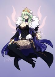 Rule 34 | 1girl, black pantyhose, blue eyes, boots, breasts, bridal gauntlets, byleth (female) (fire emblem), byleth (fire emblem), cleavage, corset, crescentia fortuna, fingernails, fire emblem, fire emblem: three houses, flower, full body, fur trim, gorget, green hair, green nails, high heel boots, high heels, large breasts, long fingernails, low neckline, nail polish, nintendo, pantyhose, signature, sitting, solo, tagme, thigh boots, thighhighs