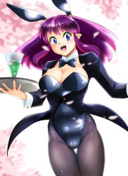 Rule 34 | 1girl, absurdres, alternate hair color, animal ears, black bow, black bowtie, black leotard, bow, bowtie, breasts, cleavage, commentary request, cowboy shot, detached collar, fake animal ears, glass, green eyes, highres, horns, large breasts, leotard, looking at viewer, lum, nanao futaba, open mouth, pantyhose, playboy bunny, pointy ears, rabbit ears, rabbit girl, rabbit tail, smile, solo, strapless, strapless leotard, tail, tailcoat, teeth, thigh gap, tray, upper teeth only, urusei yatsura, wrist cuffs