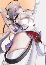Rule 34 | 1girl, arm up, ass, bare shoulders, breasts, brown eyes, cup, goddess of victory: nikke, grey hair, hair between eyes, hair ornament, hairpin, hand up, hat, highres, holding, holding sword, holding weapon, jingasa, large breasts, leotard, long hair, looking at viewer, open mouth, scarlet (nikke), simple background, skindentation, solo, sword, teeth, thighhighs, thighs, upper teeth only, weapon, white background, white leotard, white thighhighs, yuuji1189
