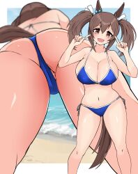 Rule 34 | 1girl, absurdres, akizuki shigure, alternate costume, animal ears, ass, bikini, blush, breasts, brown eyes, brown hair, cleavage, collarbone, commission, hair between eyes, hair ornament, highres, hishi akebono (umamusume), horse ears, horse girl, large breasts, looking at viewer, mtu virus, multiple views, navel, ocean, open mouth, outside border, pixiv commission, pointing, pointing at self, short twintails, solo, swimsuit, twintails, umamusume