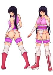 Rule 34 | 1girl, absurdres, ass, bare shoulders, black hair, blunt bangs, boots, closed mouth, frills, full body, highres, houraisan kaguya, kim0501, knee boots, long hair, looking at viewer, looking back, multiple views, pink eyes, pink footwear, simple background, smile, standing, thighhighs, touhou, touhou tag dream, white background, white thighhighs, wrestling outfit