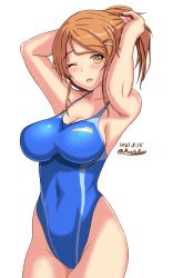 Rule 34 | 1girl, aquila (kancolle), blue one-piece swimsuit, competition swimsuit, cowboy shot, hair ornament, hairclip, high ponytail, highleg, highleg swimsuit, highres, kantai collection, long hair, montemasa, one-hour drawing challenge, one-piece swimsuit, one eye closed, orange hair, simple background, solo, swimsuit, wavy hair, white background, yellow eyes