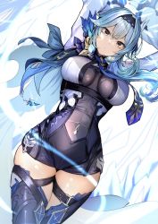 Rule 34 | 1girl, arms up, black thighhighs, blue neckwear, bodystocking, breasts, center opening, eula (genshin impact), genshin impact, hairband, half-closed eyes, highres, koruse, large breasts, solo, thigh strap, thighhighs, thighs, yellow eyes