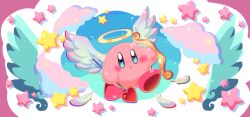 Rule 34 | angel wings, arrow (projectile), blue eyes, blush, bow (weapon), commentary request, copy ability, cupid kirby, feathers, halo, heart, heart-shaped arrow, highres, kirby, kirby (series), kumaoka pon, nintendo, no humans, open mouth, solo, star (symbol), weapon, white feathers, wings