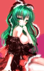 Rule 34 | 1girl, amii, bare shoulders, breasts, breasts out, cum, cum in mouth, cum on body, cum on clothes, cum on lower body, female focus, green eyes, green hair, hair ornament, hair ribbon, kagiyama hina, large breasts, long hair, matching hair/eyes, nipples, no bra, ribbon, sitting, solo, touhou