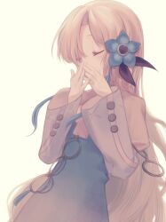 Rule 34 | 1girl, absurdres, blue dress, blue flower, blue hair, closed eyes, covering own mouth, daisi gi, dress, flower, grey hair, hair flower, hair ornament, hair over one eye, highres, isekai joucho, kamitsubaki studio, long hair, long sleeves, multicolored hair, own hands together, simple background, solo, two-tone dress, two-tone hair, upper body, virtual youtuber, white background, white dress