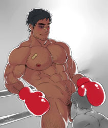 Rule 34 | 2boys, abs, bara, body hair, boxing, boxing gloves, boxing ring, hand on head, male focus, multiple boys, muscular, nude, pectorals, saliva, smirk, yaoi