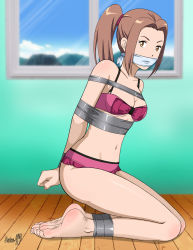 Rule 34 | 1girl, absurdres, barefoot, bdsm, bikini, bondage, bound, bound ankles, bound wrists, breast bondage, breasts, brown eyes, brown hair, cleavage, cloth gag, digimon, digimon adventure tri., gag, gagged, highres, improvised gag, legs, looking at viewer, medium breasts, navel, over the mouth gag, pink bikini, ponytail, shadow xcp, swimsuit, tachikawa mimi, thighs