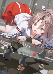 Rule 34 | 6+girls, aichi d3a, aircraft, airplane, all fours, brown eyes, commentary request, dutch angle, fairy (kancolle), hachimaki, hakama, hakama pants, hakama shorts, headband, high ponytail, highres, japanese clothes, kantai collection, light brown hair, long hair, multiple girls, natsuki (gedo), open mouth, pants, ponytail, red hakama, shorts, smile, sparkle, vehicle focus, zuihou (kancolle)