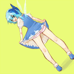 Rule 34 | 1girl, ass, bad id, bad pixiv id, blue eyes, blue hair, blush, bow, chako nejio, cirno, clothes lift, dress, dress lift, dutch angle, embodiment of scarlet devil, female focus, hair bow, hair ornament, kazuki, looking at viewer, looking back, matching hair/eyes, naughty face, panties, ribbon, short hair, simple background, smile, solo, standing, touhou, underwear, wings