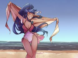 Rule 34 | 1girl, anaruii, bad id, bad twitter id, beach, blue eyes, blue hair, blush, braid, breasts, cleavage, closed eyes, day, fire emblem, fire emblem: the sacred stones, fire emblem heroes, highres, long hair, medium breasts, nintendo, one-piece swimsuit, parted lips, pegasus knight uniform (fire emblem), ponytail, side braid, smile, solo, standing, swimsuit, tana (fire emblem), tana (summer) (fire emblem), towel, twin braids, water