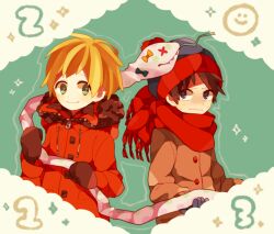 2013 2boys blonde_hair brown_mittens chinese_zodiac green_eyes jacket kenny_mccormick looking_at_another maco22 male_focus mittens multiple_boys red_jacket red_scarf scarf south_park stan_marsh stuffed_snake winter winter_clothes year_of_the_snake