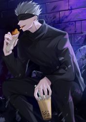 Rule 34 | 1boy, bad id, bad pixiv id, black jacket, black pants, blindfold, blood, blood splatter, bubble tea, covered eyes, cup, drinking straw, eating, feet out of frame, food, gojou satoru, hand up, high collar, highres, holding, holding cup, holding food, jacket, jujutsu kaisen, kyuu (chiu850513), long sleeves, male focus, night, open mouth, pants, short hair, smile, solo, squatting, white hair