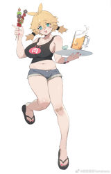 Rule 34 | 1girl, alcohol, antenna hair, aqua eyes, artist name, bandaid, bandaid on knee, bandaid on leg, bare shoulders, beer, beer mug, blonde hair, blush, breasts, character request, commentary request, copyright request, cup, food, full body, head tilt, holding, holding food, holding plate, ice, ice cube, large breasts, leg up, looking at viewer, mug, nail polish, navel, nori tamahana, open mouth, plate, sandals, short shorts, shorts, simple background, skewer, solo, tareme, twintails, white background