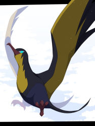 Rule 34 | above clouds, animal focus, aqua eyes, bird, closed mouth, cloud, commentary, creatures (company), flying, game freak, kilowattrel, kou11021301, nintendo, no humans, outdoors, pokemon, pokemon (creature), solo, symbol-only commentary, talons