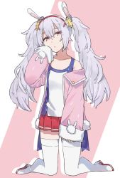 Rule 34 | 1girl, animal ears, azur lane, boots, camisole, collarbone, fingernails, hair between eyes, hair ornament, hairband, hand up, head tilt, jacket, laffey (azur lane), long hair, long sleeves, looking at viewer, off shoulder, parted lips, pink jacket, pleated skirt, rabbit ears, red eyes, red hairband, red skirt, shirotae moyashi, silver hair, skirt, sleeves past fingers, sleeves past wrists, solo, thigh boots, thighhighs, twintails, very long hair, white camisole, white footwear, white thighhighs